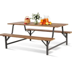 Tangkula Wood Picnic Table, Outdoor Acacia Wood Picnic Table Bench Set with 2 Built-in Benches