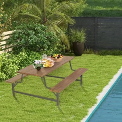 Tangkula Wood Picnic Table, Outdoor Acacia Wood Picnic Table Bench Set with 2 Built-in Benches