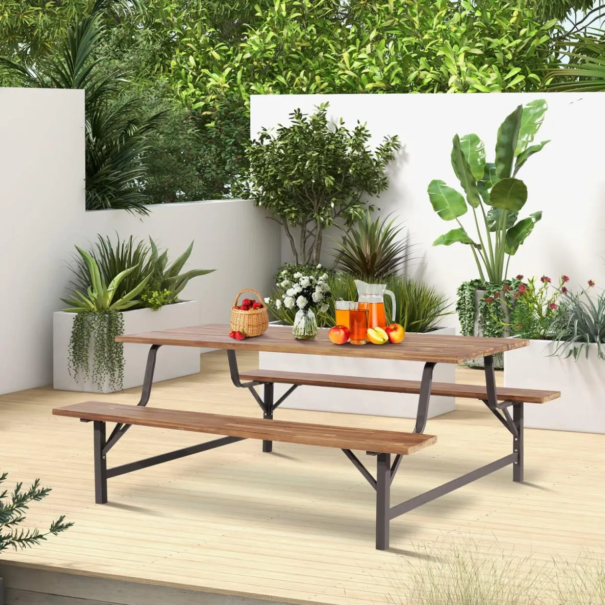 Tangkula Wood Picnic Table, Outdoor Acacia Wood Picnic Table Bench Set with 2 Built-in Benches