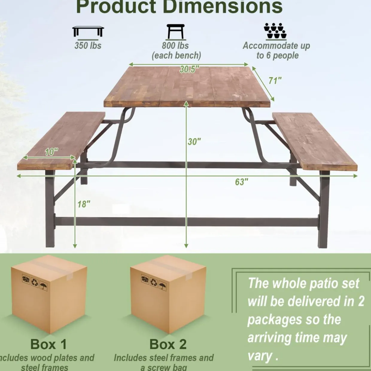 Tangkula Wood Picnic Table, Outdoor Acacia Wood Picnic Table Bench Set with 2 Built-in Benches