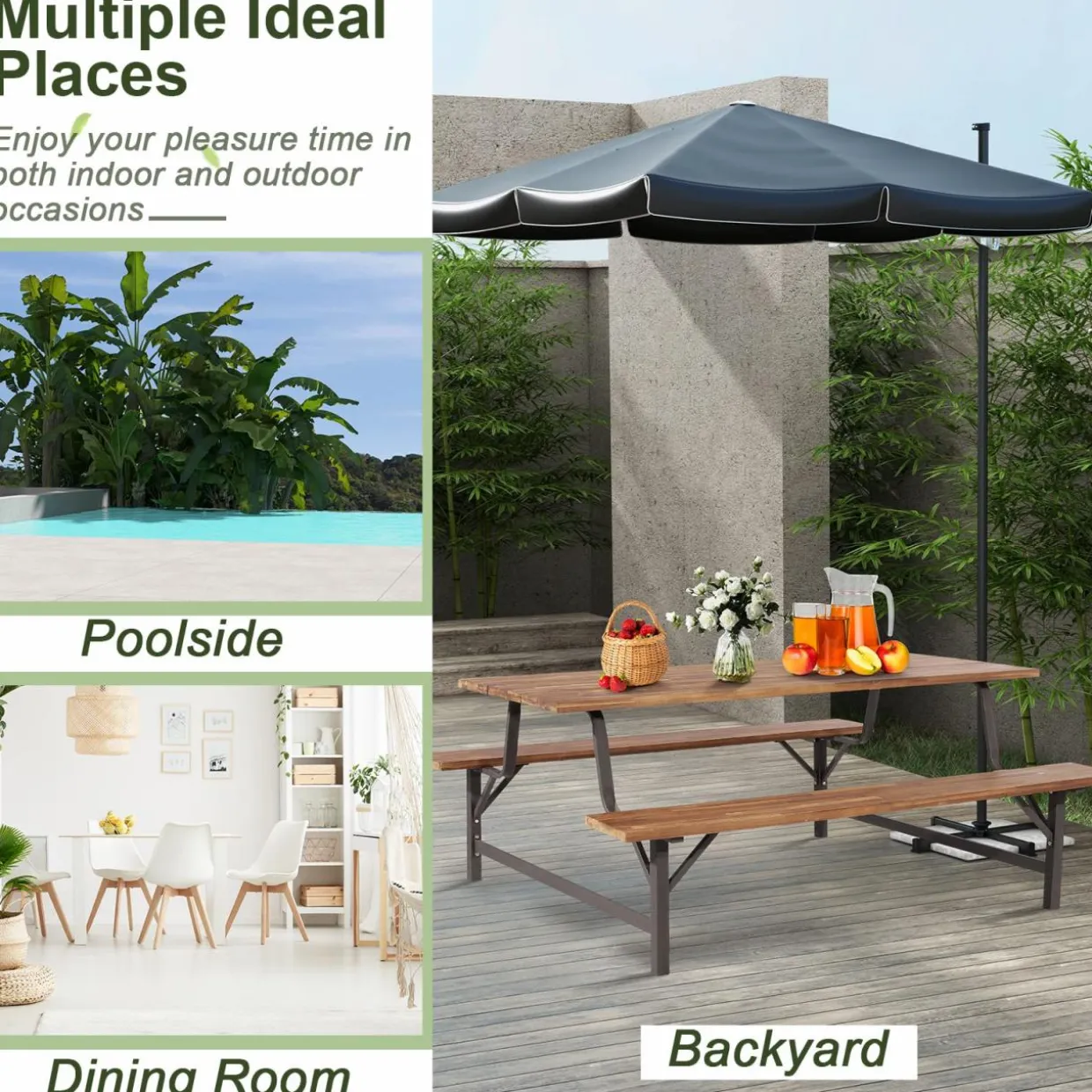 Tangkula Wood Picnic Table, Outdoor Acacia Wood Picnic Table Bench Set with 2 Built-in Benches