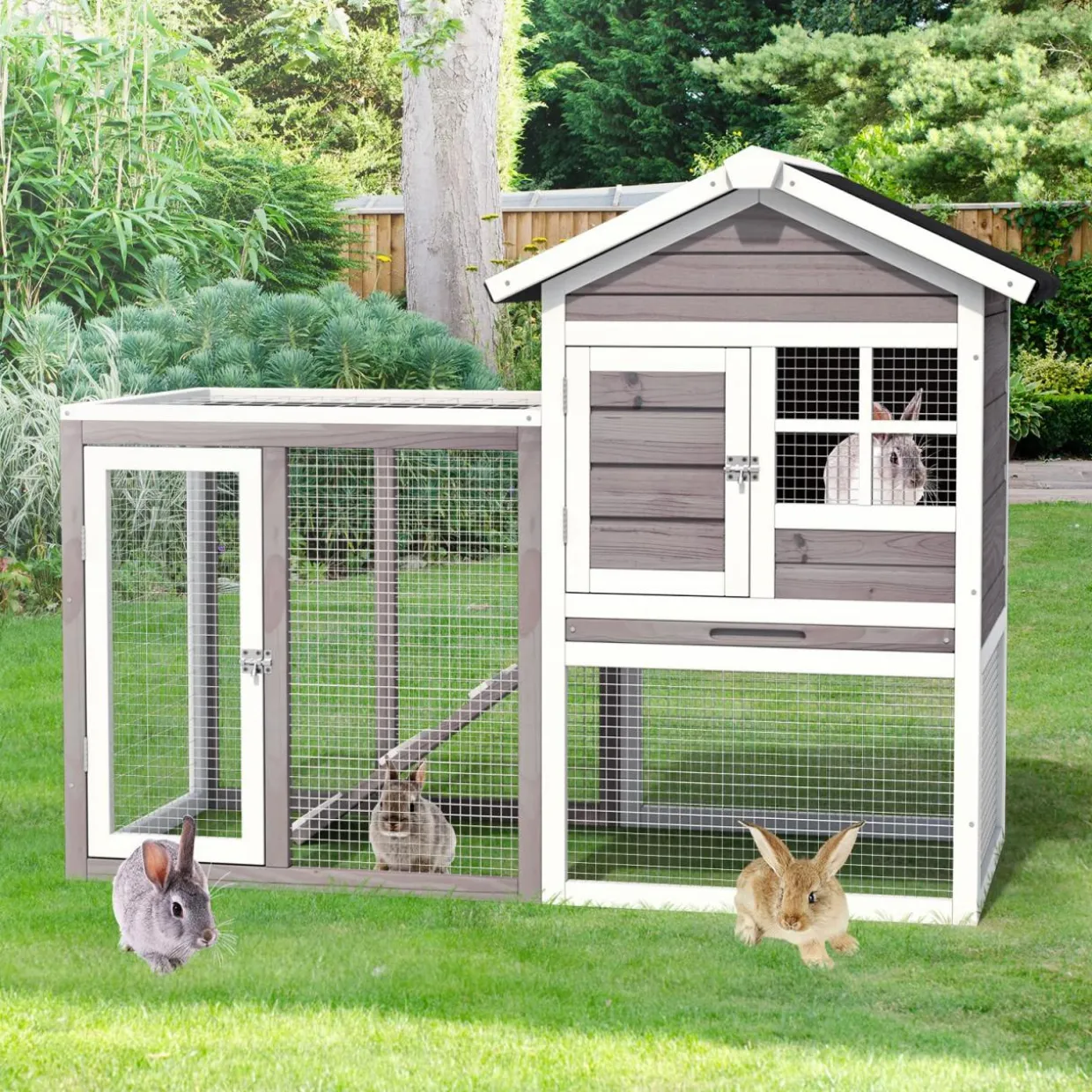 Tangkula Wood Rabbit Hutch, Outdoor Indoor Bunny Cage with Run, Removable Tray, Ramp, Ventilate Door