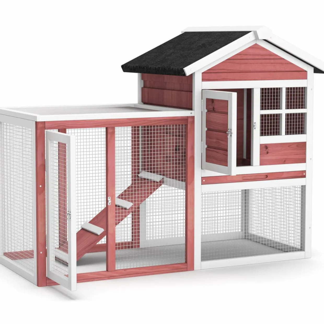Tangkula Wood Rabbit Hutch, Outdoor Indoor Bunny Cage with Run, Removable Tray, Ramp, Ventilate Door