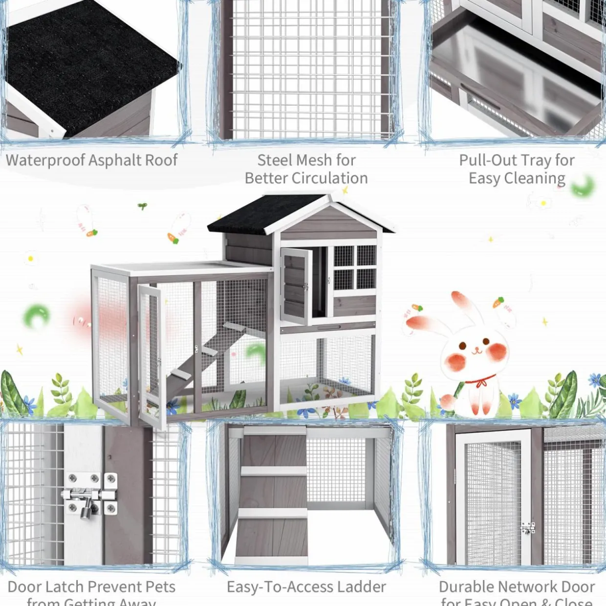 Tangkula Wood Rabbit Hutch, Outdoor Indoor Bunny Cage with Run, Removable Tray, Ramp, Ventilate Door