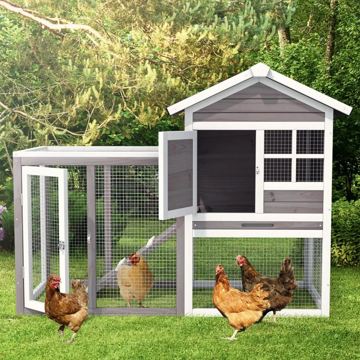 Tangkula Wood Rabbit Hutch, Outdoor Indoor Bunny Cage with Run, Removable Tray, Ramp, Ventilate Door