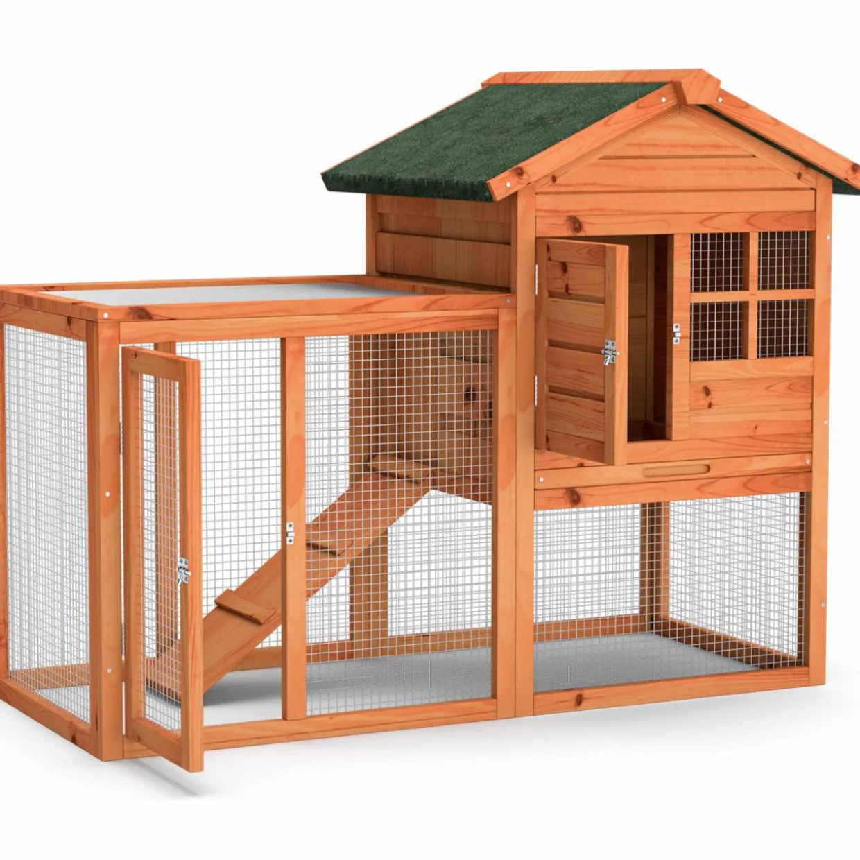 Tangkula Wood Rabbit Hutch, Outdoor Indoor Bunny Cage with Run, Removable Tray, Ramp, Ventilate Door