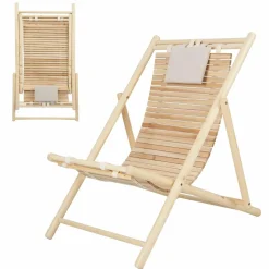 Tangkula Wood Sling Chair Outdoor, Patio Deck Chair with Detachable Headrest & 3-Level Adjustable Backrest