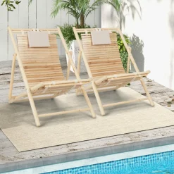 Tangkula Wood Sling Chair Outdoor, Patio Deck Chair with Detachable Headrest & 3-Level Adjustable Backrest