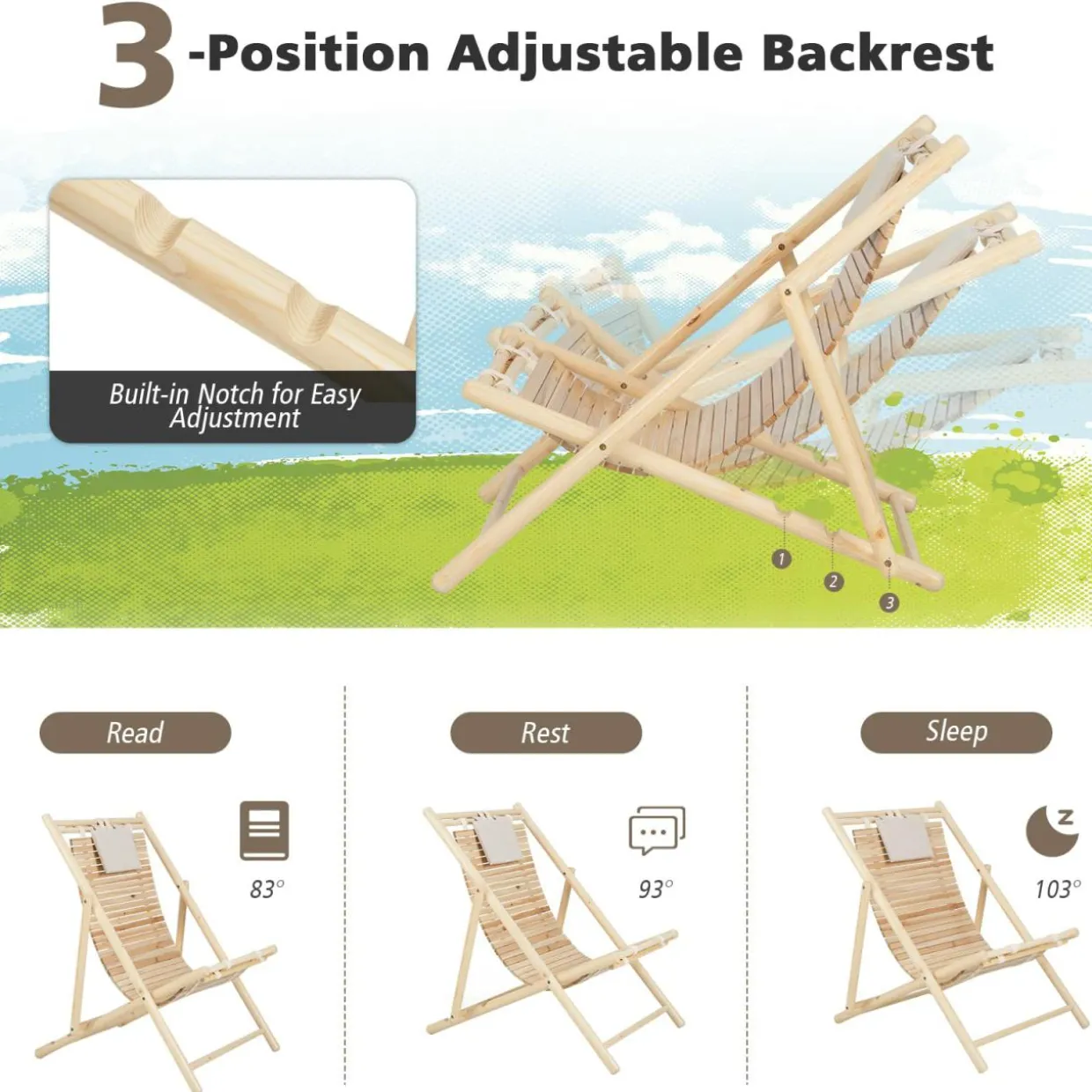 Tangkula Wood Sling Chair Outdoor, Patio Deck Chair with Detachable Headrest & 3-Level Adjustable Backrest