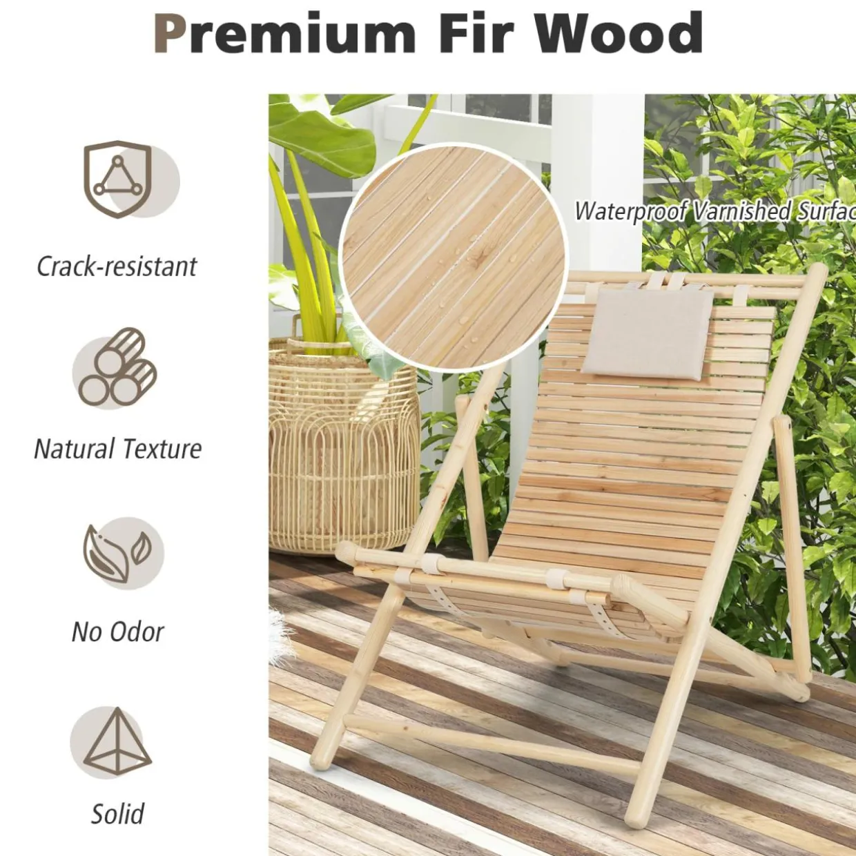 Tangkula Wood Sling Chair Outdoor, Patio Deck Chair with Detachable Headrest & 3-Level Adjustable Backrest