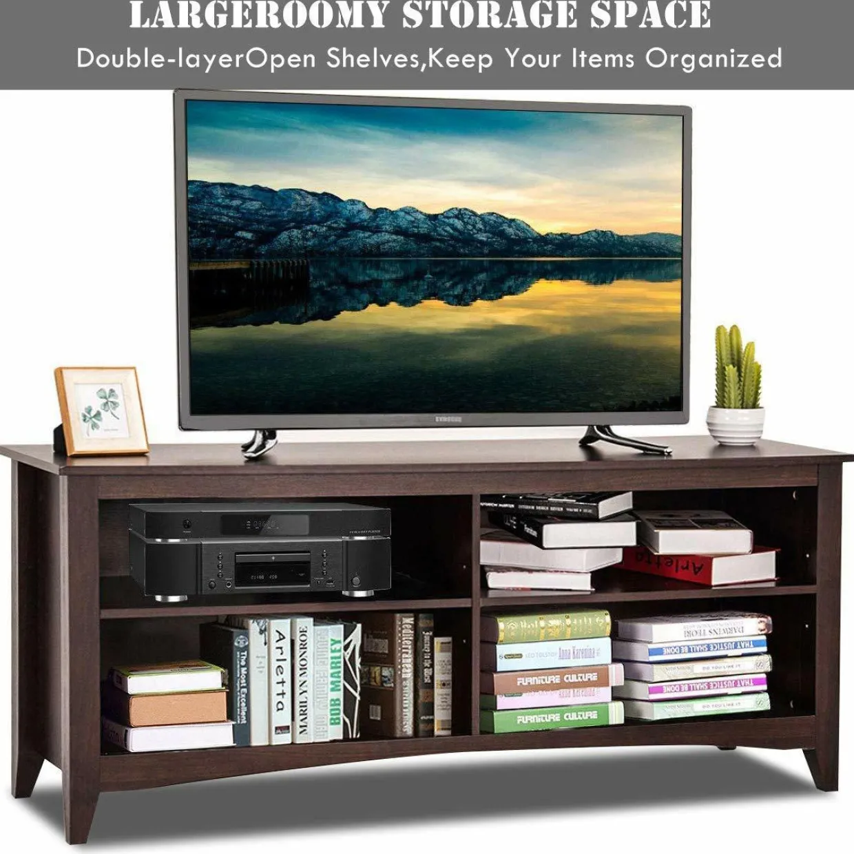 Tangkula Wood TV Stand for TVs up to 65 Inches, TV Storage Cabinet with 4 Open Storage Shelves