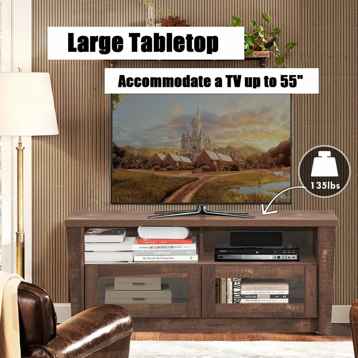 Tangkula Wood TV Stand for TV up to 55 Inches, Rustic Storage Media Console Cabinet w/ 2 Open Shelves and 2 Door Cabinets,Coffee