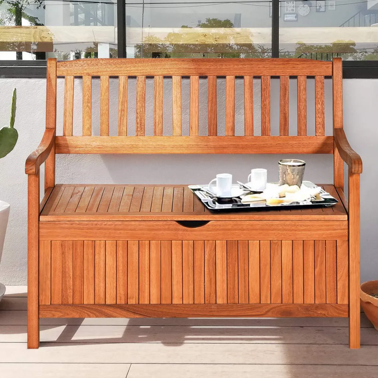 Tangkula Wooden Outdoor Storage Bench Large Deck Box (Natural)