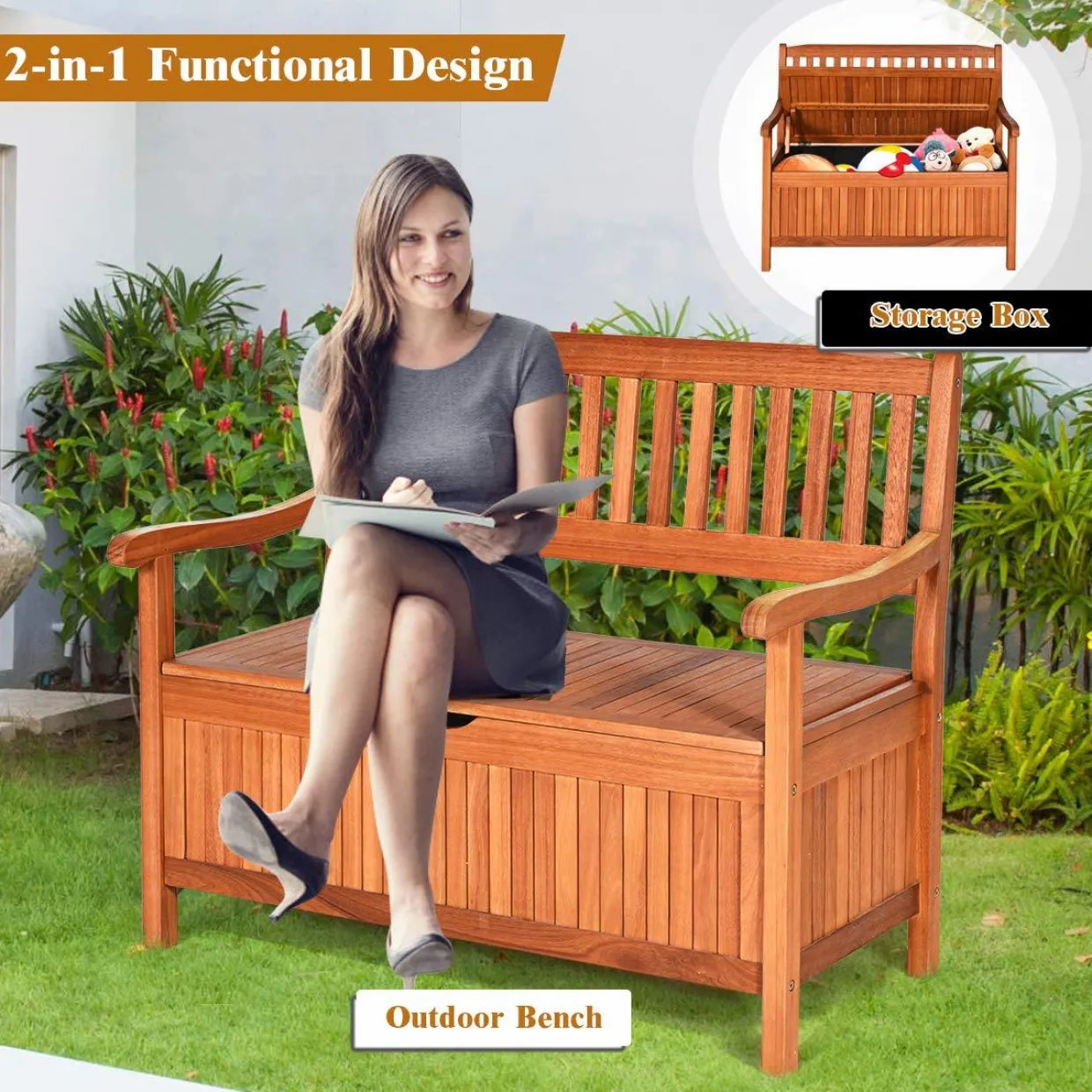 Tangkula Wooden Outdoor Storage Bench Large Deck Box (Natural)
