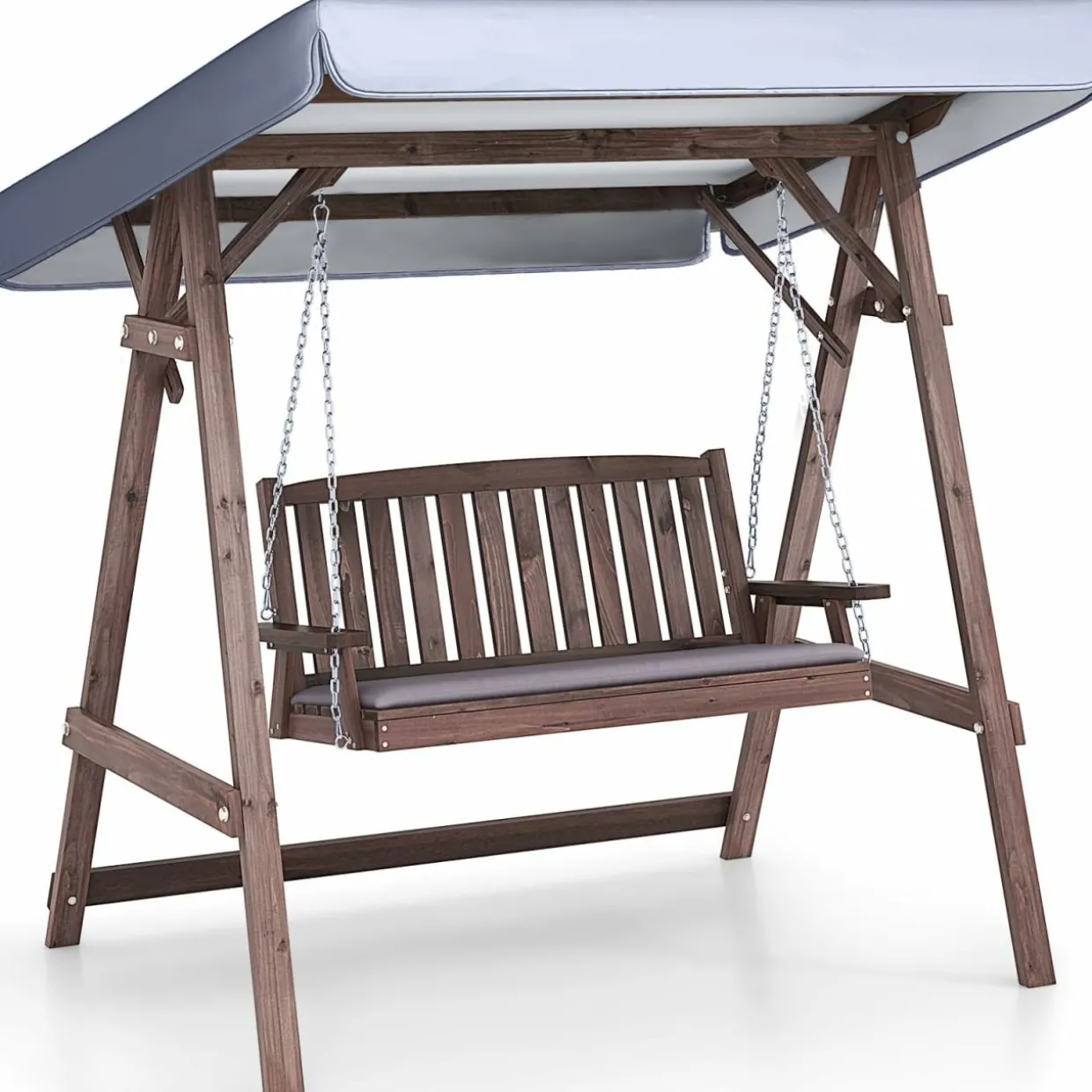Tangkula Wooden Porch Swing, 2 Person A-Frame Outdoor Swing with Adjustable Canopy, Cushion, Armrests