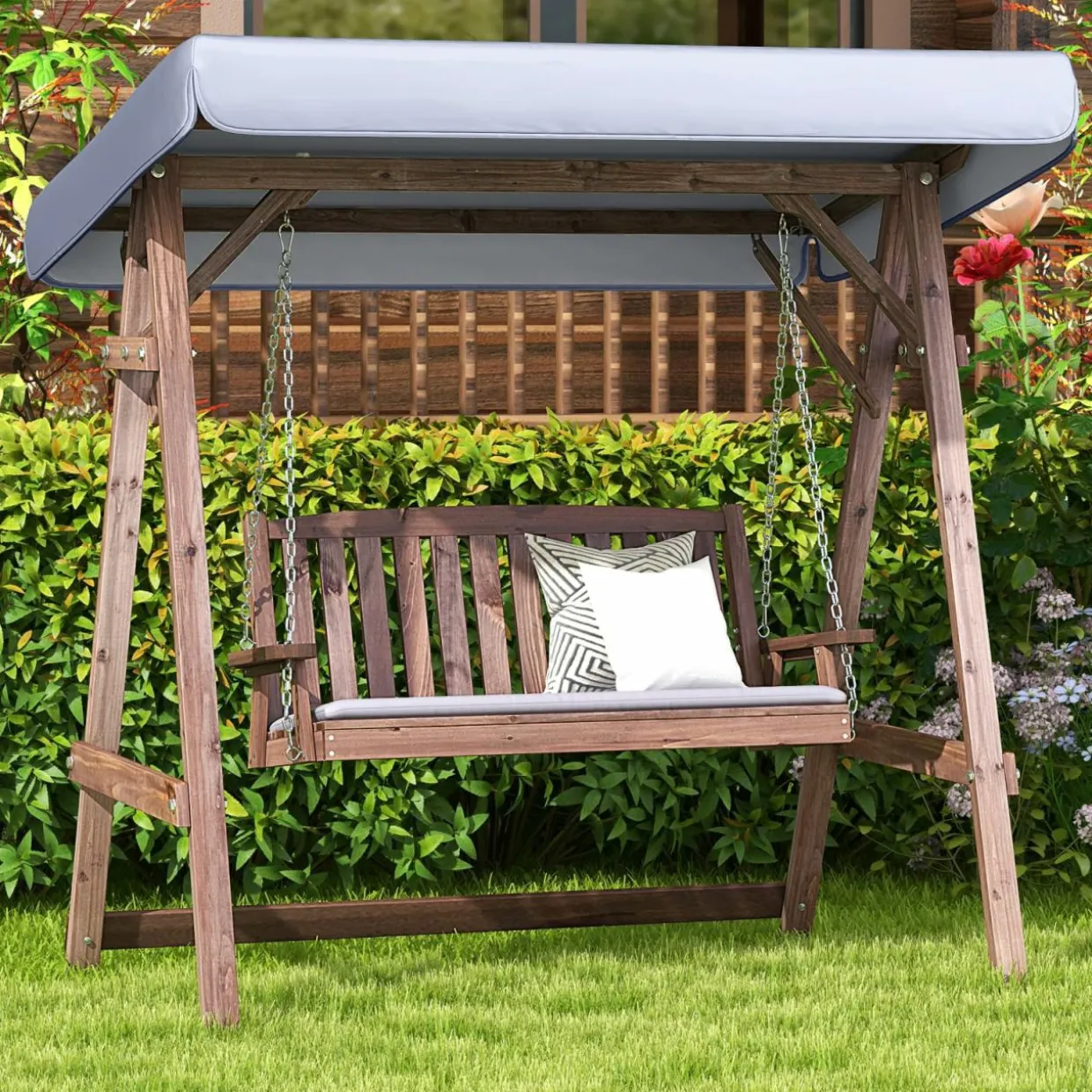 Tangkula Wooden Porch Swing, 2 Person A-Frame Outdoor Swing with Adjustable Canopy, Cushion, Armrests