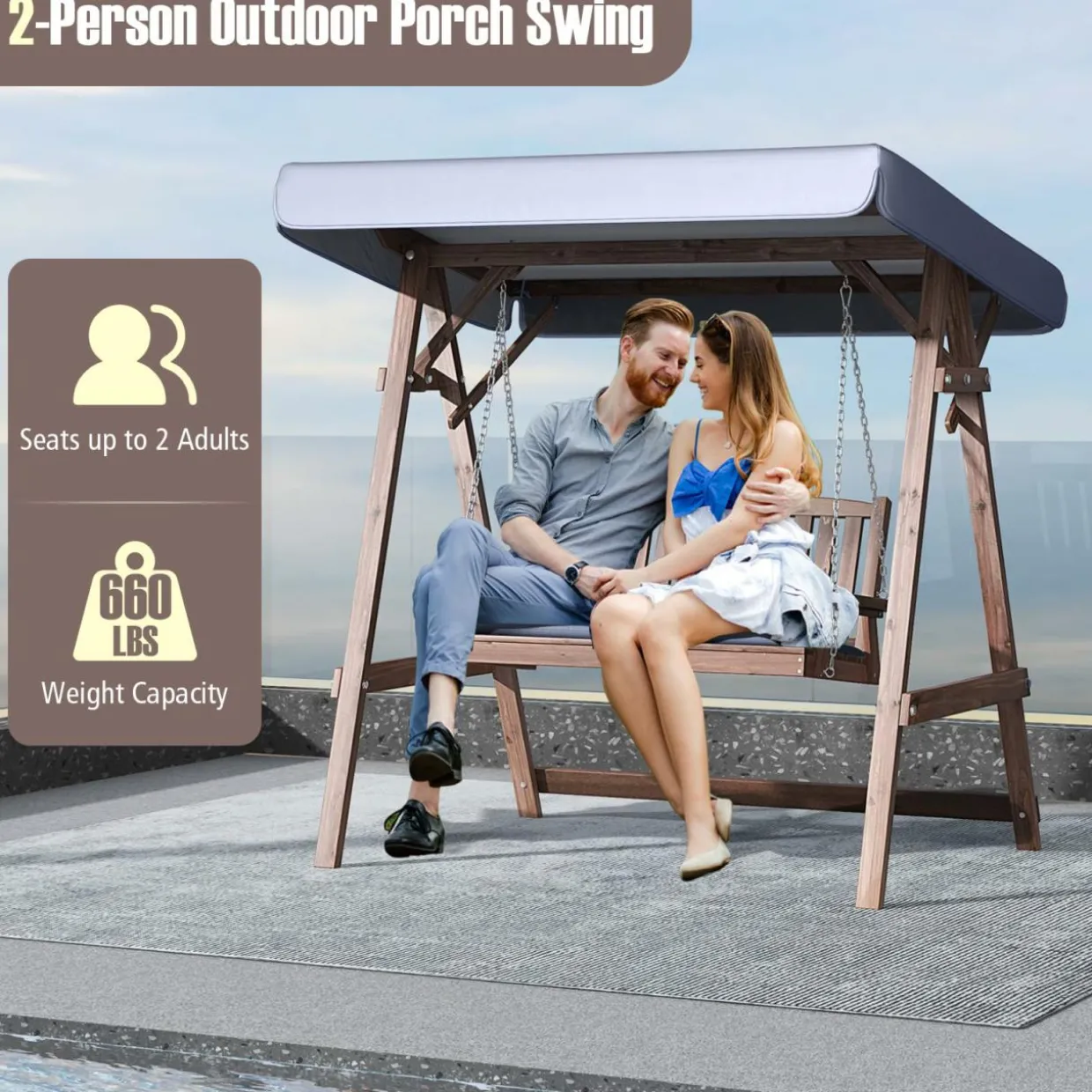 Tangkula Wooden Porch Swing, 2 Person A-Frame Outdoor Swing with Adjustable Canopy, Cushion, Armrests