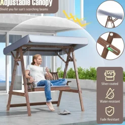 Tangkula Wooden Porch Swing, 2 Person A-Frame Outdoor Swing with Adjustable Canopy, Cushion, Armrests