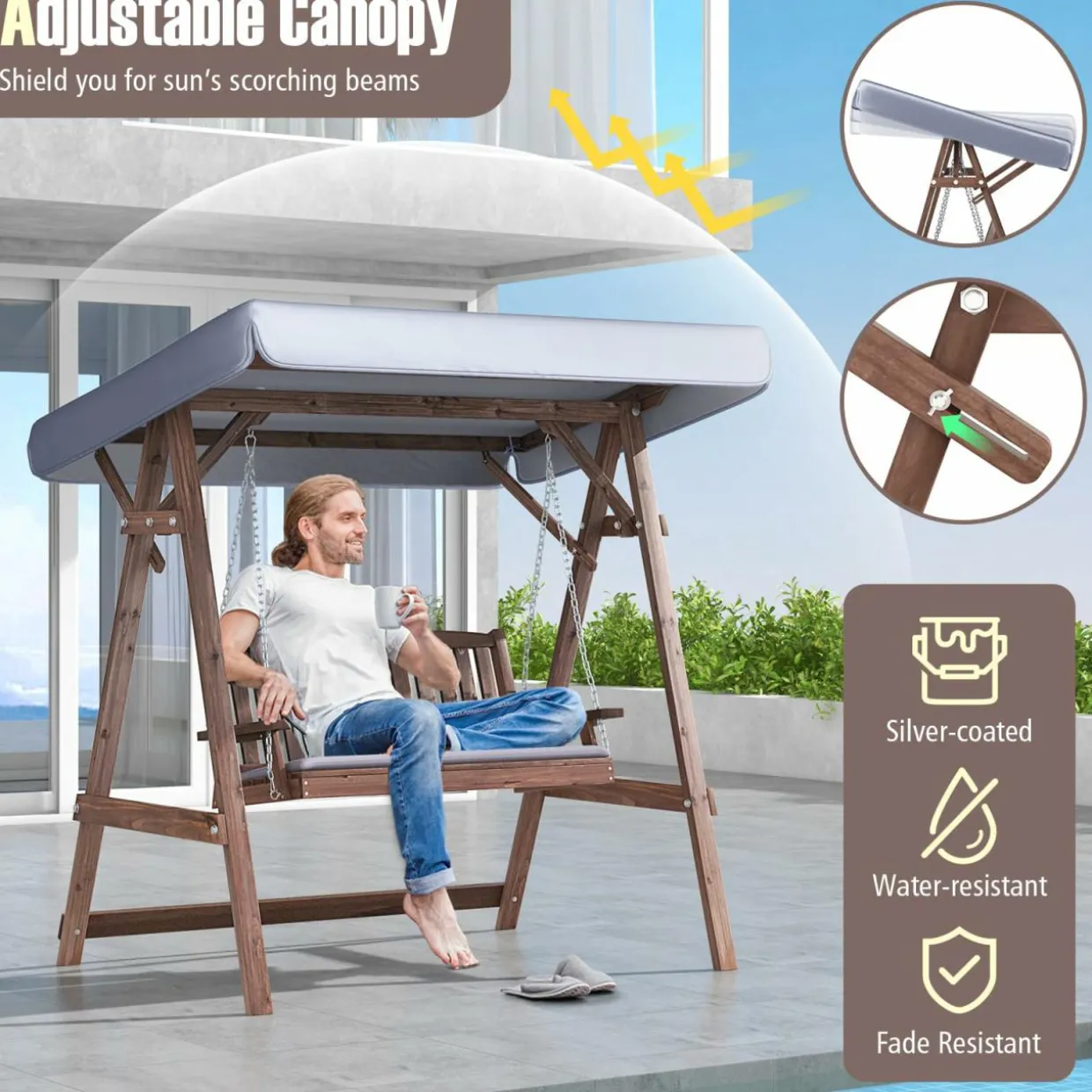 Tangkula Wooden Porch Swing, 2 Person A-Frame Outdoor Swing with Adjustable Canopy, Cushion, Armrests