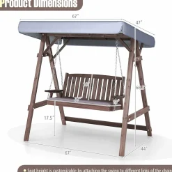 Tangkula Wooden Porch Swing, 2 Person A-Frame Outdoor Swing with Adjustable Canopy, Cushion, Armrests