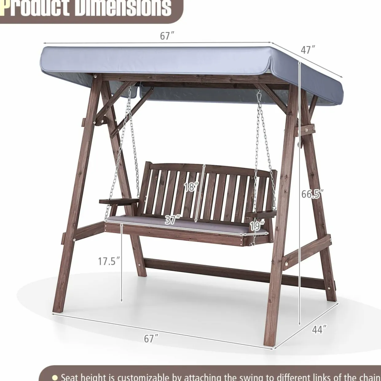 Tangkula Wooden Porch Swing, 2 Person A-Frame Outdoor Swing with Adjustable Canopy, Cushion, Armrests