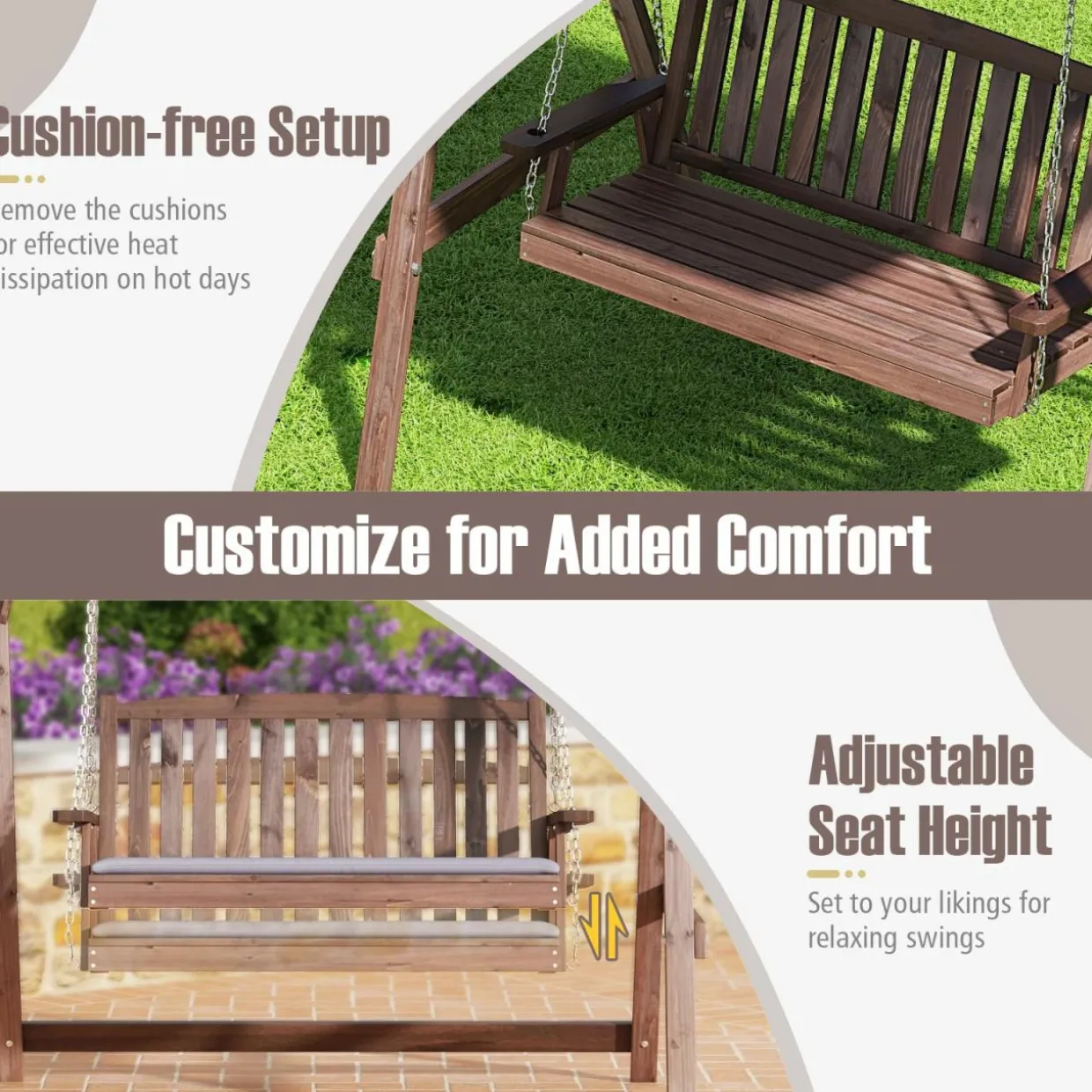 Tangkula Wooden Porch Swing, 2 Person A-Frame Outdoor Swing with Adjustable Canopy, Cushion, Armrests