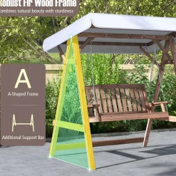 Tangkula Wooden Porch Swing, 2 Person A-Frame Outdoor Swing with Adjustable Canopy, Cushion, Armrests