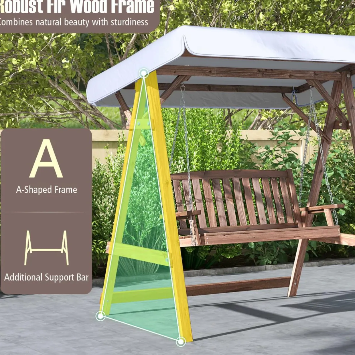 Tangkula Wooden Porch Swing, 2 Person A-Frame Outdoor Swing with Adjustable Canopy, Cushion, Armrests