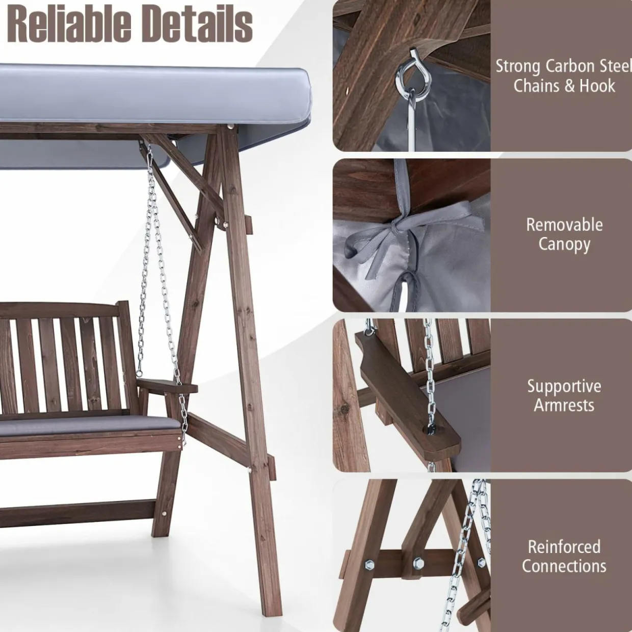 Tangkula Wooden Porch Swing, 2 Person A-Frame Outdoor Swing with Adjustable Canopy, Cushion, Armrests