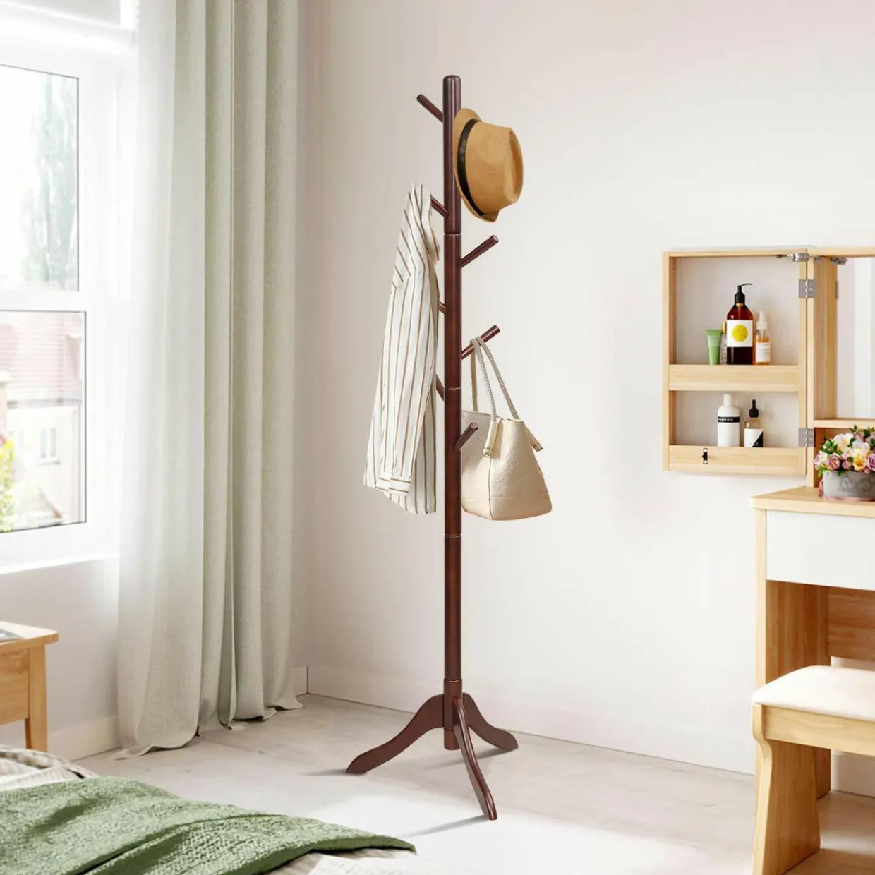 Tangkula Wooden Tree Coat Rack Freestanding, Entryway Coat Stand with 8 Hooks
