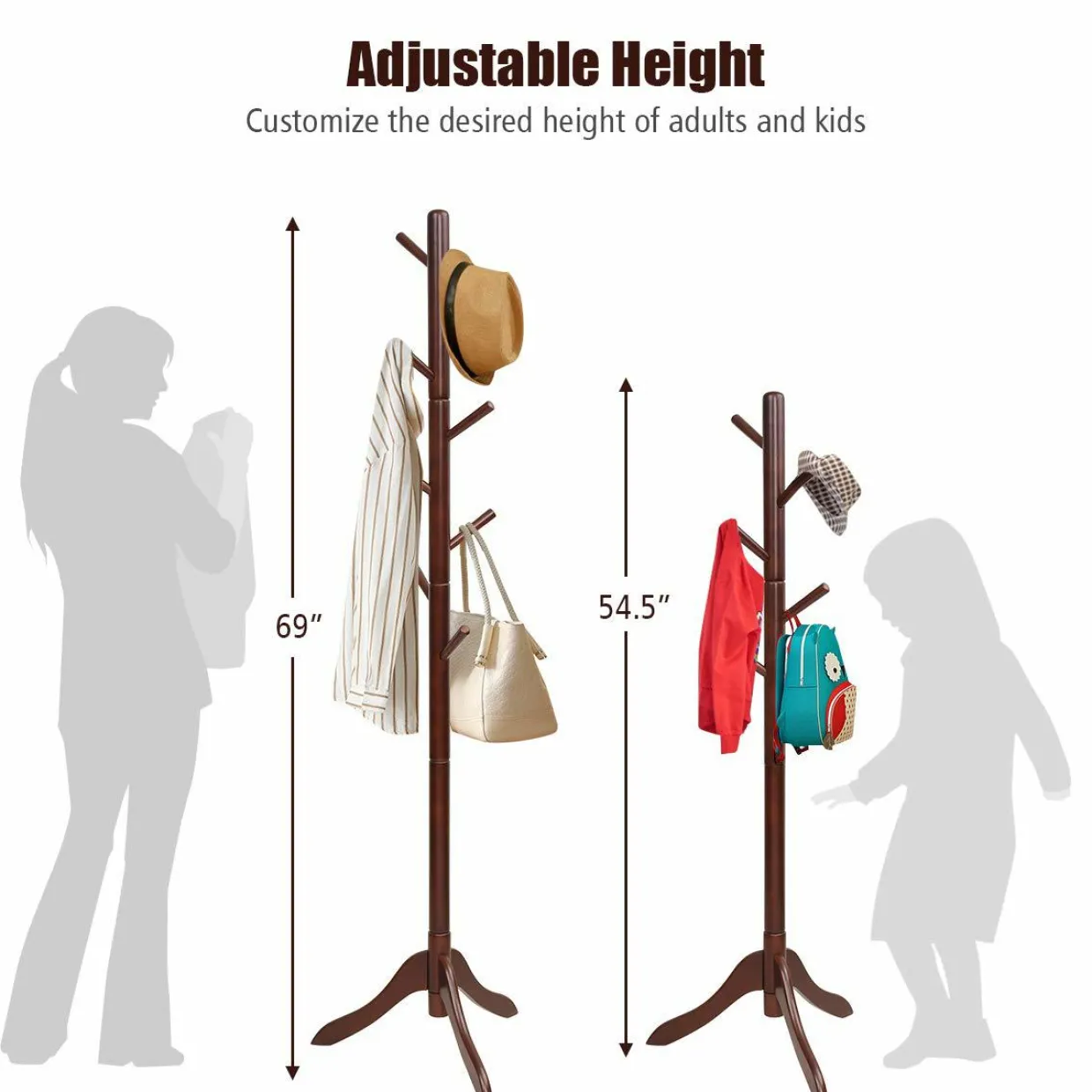 Tangkula Wooden Tree Coat Rack Freestanding, Entryway Coat Stand with 8 Hooks