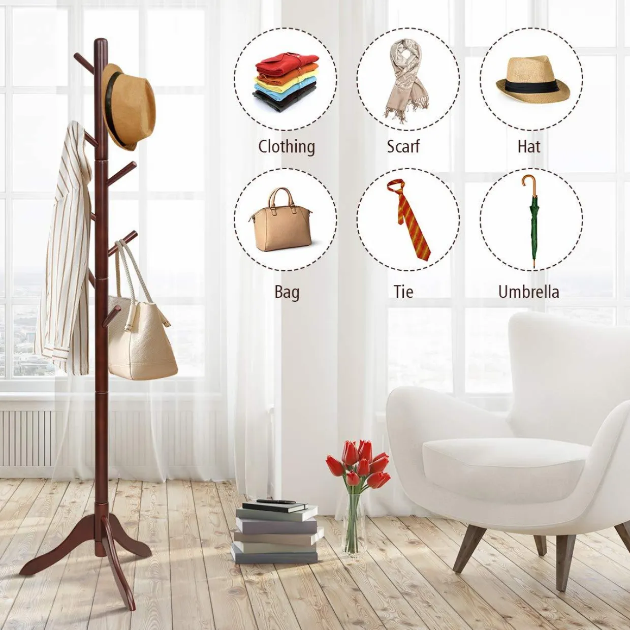 Tangkula Wooden Tree Coat Rack Freestanding, Entryway Coat Stand with 8 Hooks