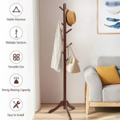 Tangkula Wooden Tree Coat Rack Freestanding, Entryway Coat Stand with 8 Hooks