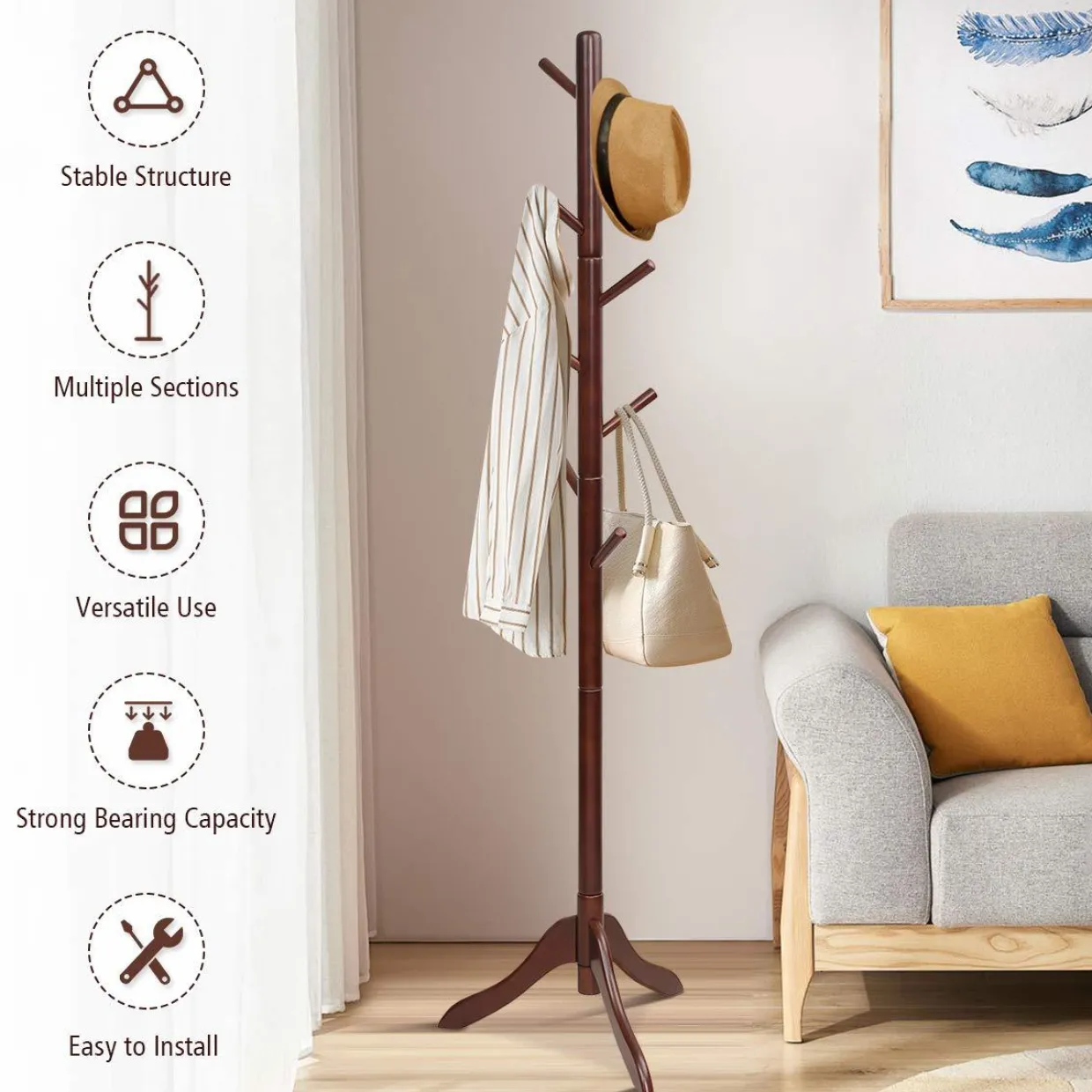 Tangkula Wooden Tree Coat Rack Freestanding, Entryway Coat Stand with 8 Hooks