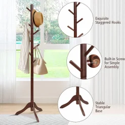 Tangkula Wooden Tree Coat Rack Freestanding, Entryway Coat Stand with 8 Hooks