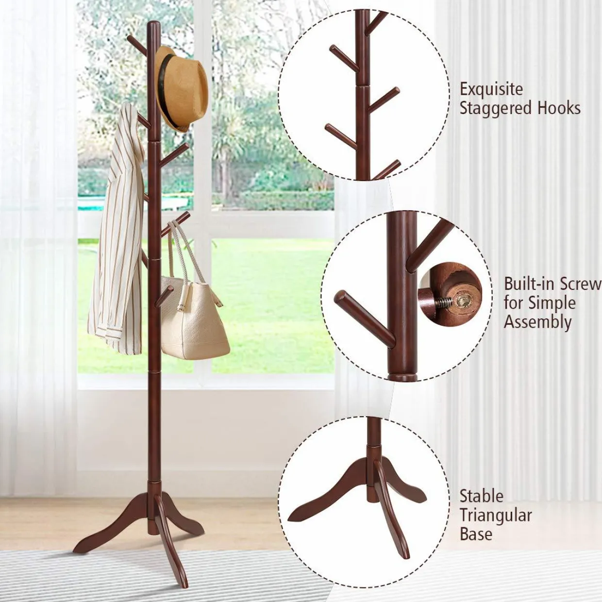 Tangkula Wooden Tree Coat Rack Freestanding, Entryway Coat Stand with 8 Hooks
