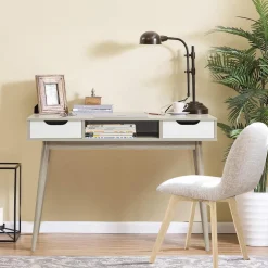 Tangkula Writing Desk with Drawers, Mid Century Home Office Desk Computer Desk (Oak & Walnut)