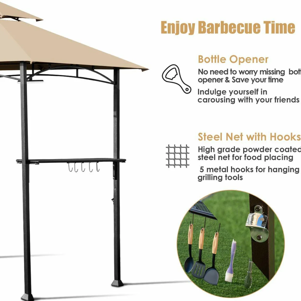 Tangkula 8"x 5" Grill Gazebo, Outdoor Patio Barbecue Gazebo Shelter with LED Lights