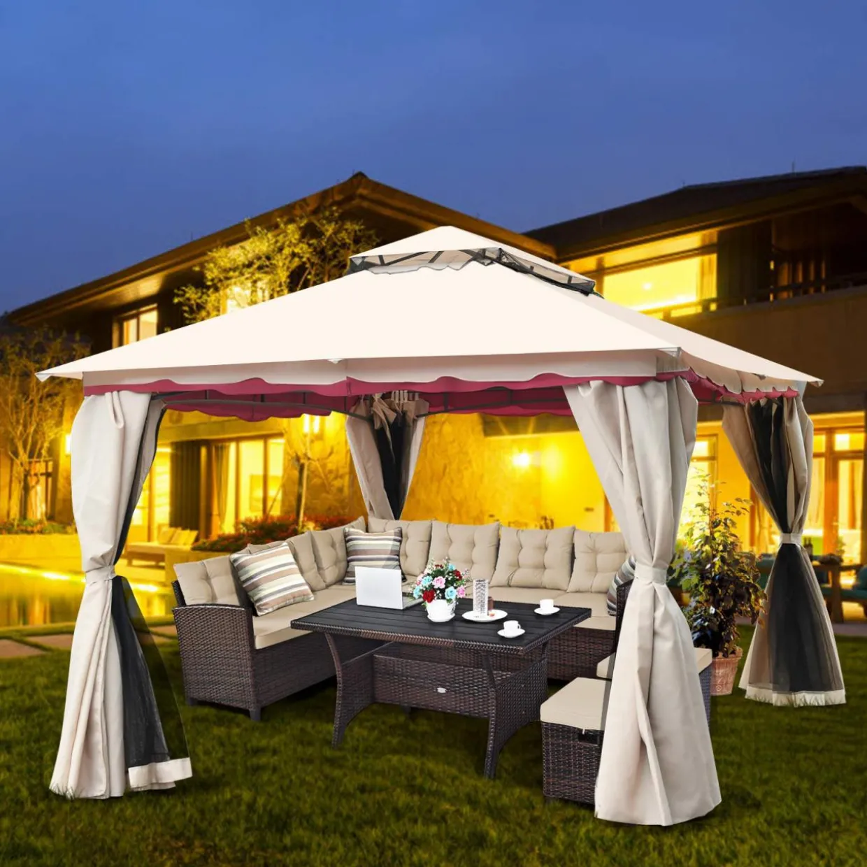 Tangkula 13x10 Feet Patio Steel Gazebo, Large Outdoor Canopy Gazebo with Netting, Side Walls, Zippers, 2 Tier Roof, Steel Canopy Gazebo