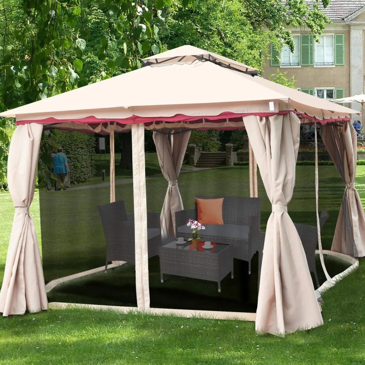 Tangkula 13x10 Feet Patio Steel Gazebo, Large Outdoor Canopy Gazebo with Netting, Side Walls, Zippers, 2 Tier Roof, Steel Canopy Gazebo