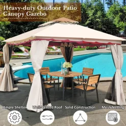 Tangkula 13x10 Feet Patio Steel Gazebo, Large Outdoor Canopy Gazebo with Netting, Side Walls, Zippers, 2 Tier Roof, Steel Canopy Gazebo