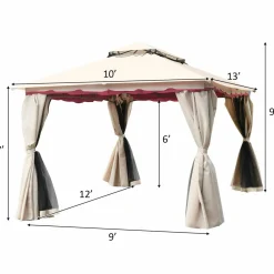 Tangkula 13x10 Feet Patio Steel Gazebo, Large Outdoor Canopy Gazebo with Netting, Side Walls, Zippers, 2 Tier Roof, Steel Canopy Gazebo