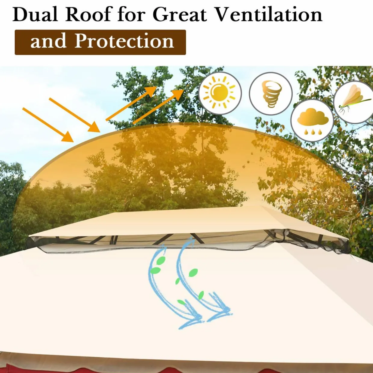 Tangkula 13x10 Feet Patio Steel Gazebo, Large Outdoor Canopy Gazebo with Netting, Side Walls, Zippers, 2 Tier Roof, Steel Canopy Gazebo