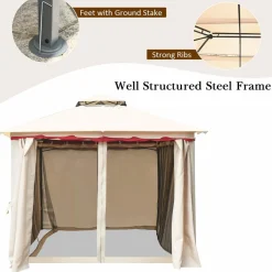 Tangkula 13x10 Feet Patio Steel Gazebo, Large Outdoor Canopy Gazebo with Netting, Side Walls, Zippers, 2 Tier Roof, Steel Canopy Gazebo