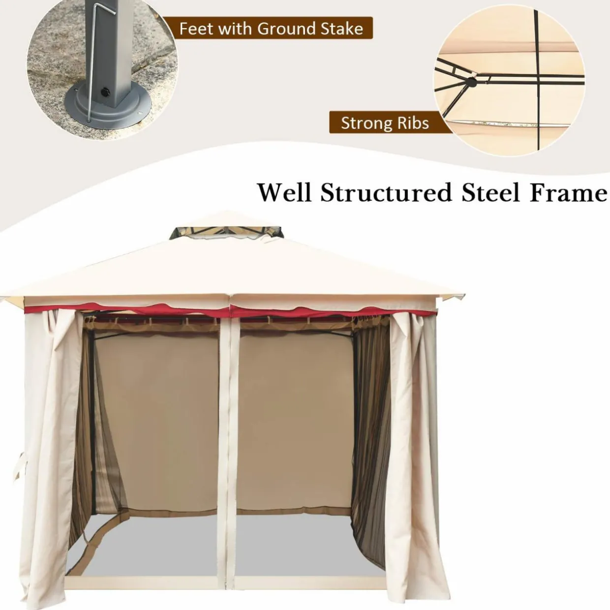Tangkula 13x10 Feet Patio Steel Gazebo, Large Outdoor Canopy Gazebo with Netting, Side Walls, Zippers, 2 Tier Roof, Steel Canopy Gazebo