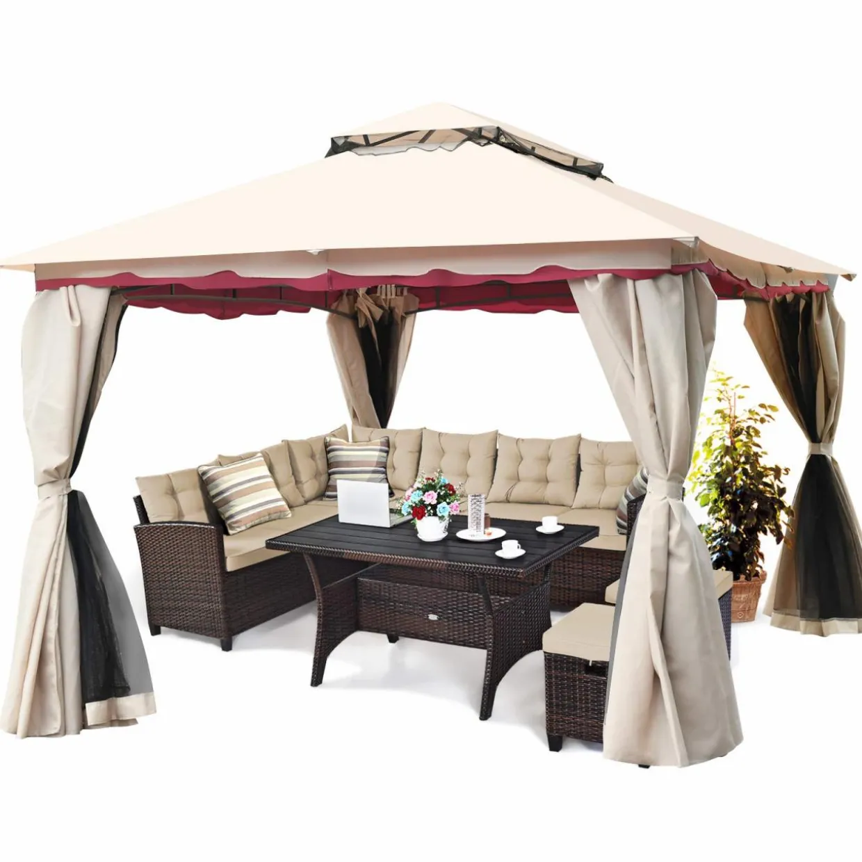 Tangkula 13x10 Feet Patio Steel Gazebo, Large Outdoor Canopy Gazebo with Netting, Side Walls, Zippers, 2 Tier Roof, Steel Canopy Gazebo