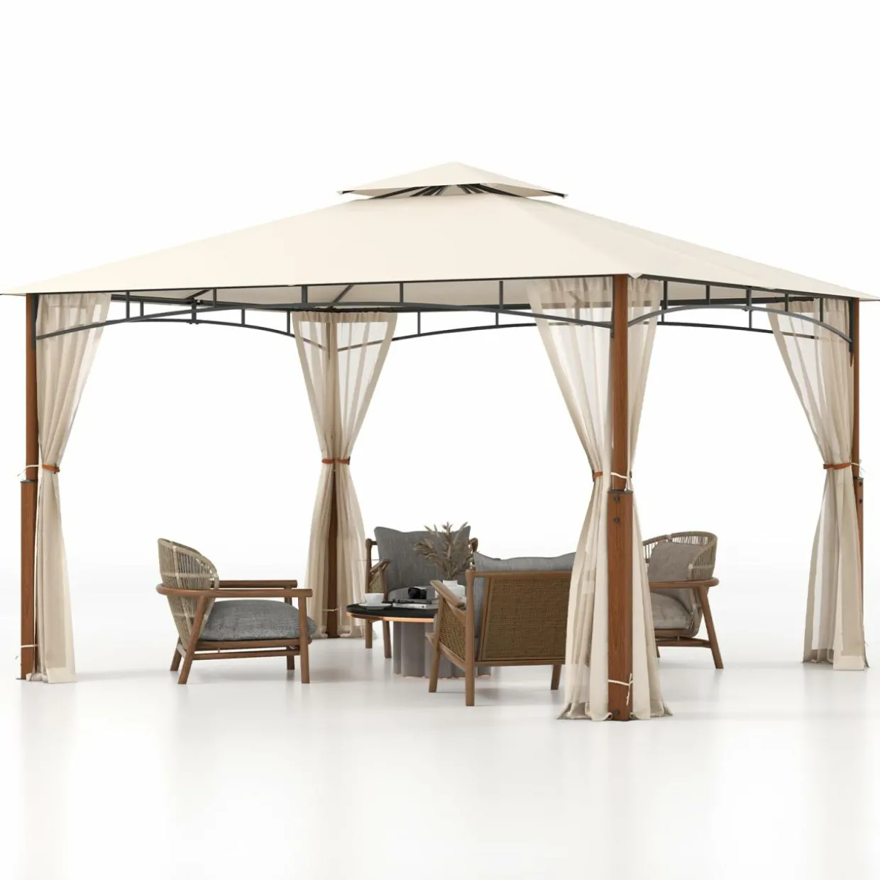 Tangkula 10x12 Ft Gazebo with Netting, 2-Tier Patio Gazebo with Heavy Duty Metal Frame