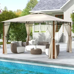 Tangkula 10x12 Ft Gazebo with Netting, 2-Tier Patio Gazebo with Heavy Duty Metal Frame
