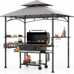 Tangkula 8x5 Ft Grill Gazebo, 2-Tier Barbecue Gazebo with 2 Shelves, 10 Hanging Hooks, Bottle Opener & Storage Basket