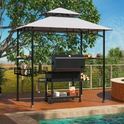 Tangkula 8x5 Ft Grill Gazebo, 2-Tier Barbecue Gazebo with 2 Shelves, 10 Hanging Hooks, Bottle Opener & Storage Basket